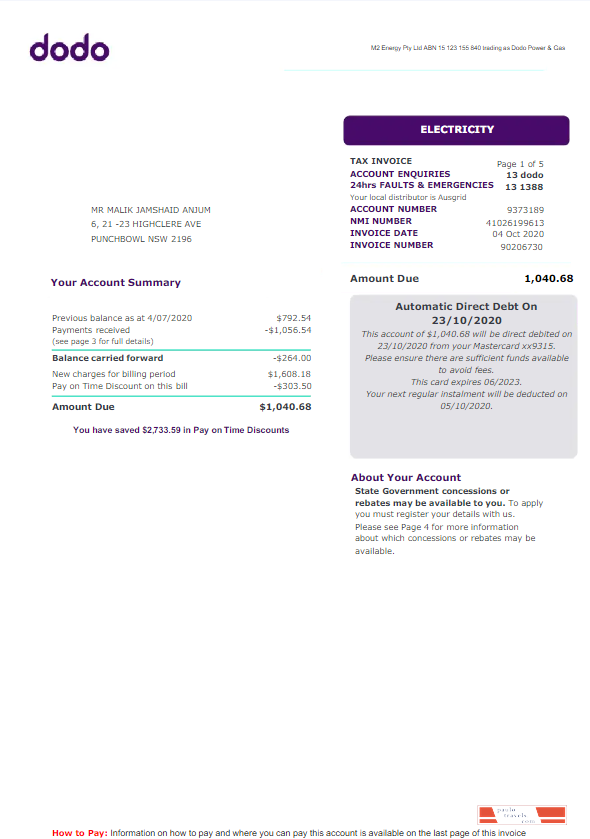 AUSTRALIA NEW SOUTH WALES DODO utility bill Word and PDF template